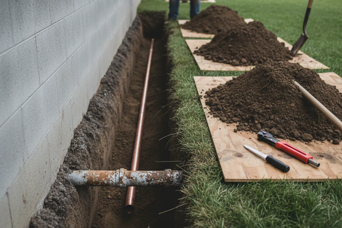 Excavated water line trench during Sewer Line Repair in Oak Lawn